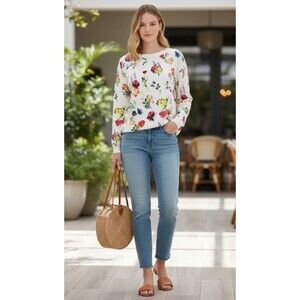 White Floral Cotton Sweater Lightweight Knit Sz M J. Society NWOT